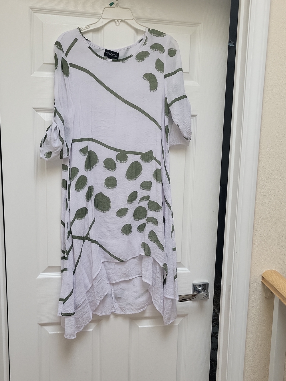 White High-Low Dress with Olive Green Abstract Print